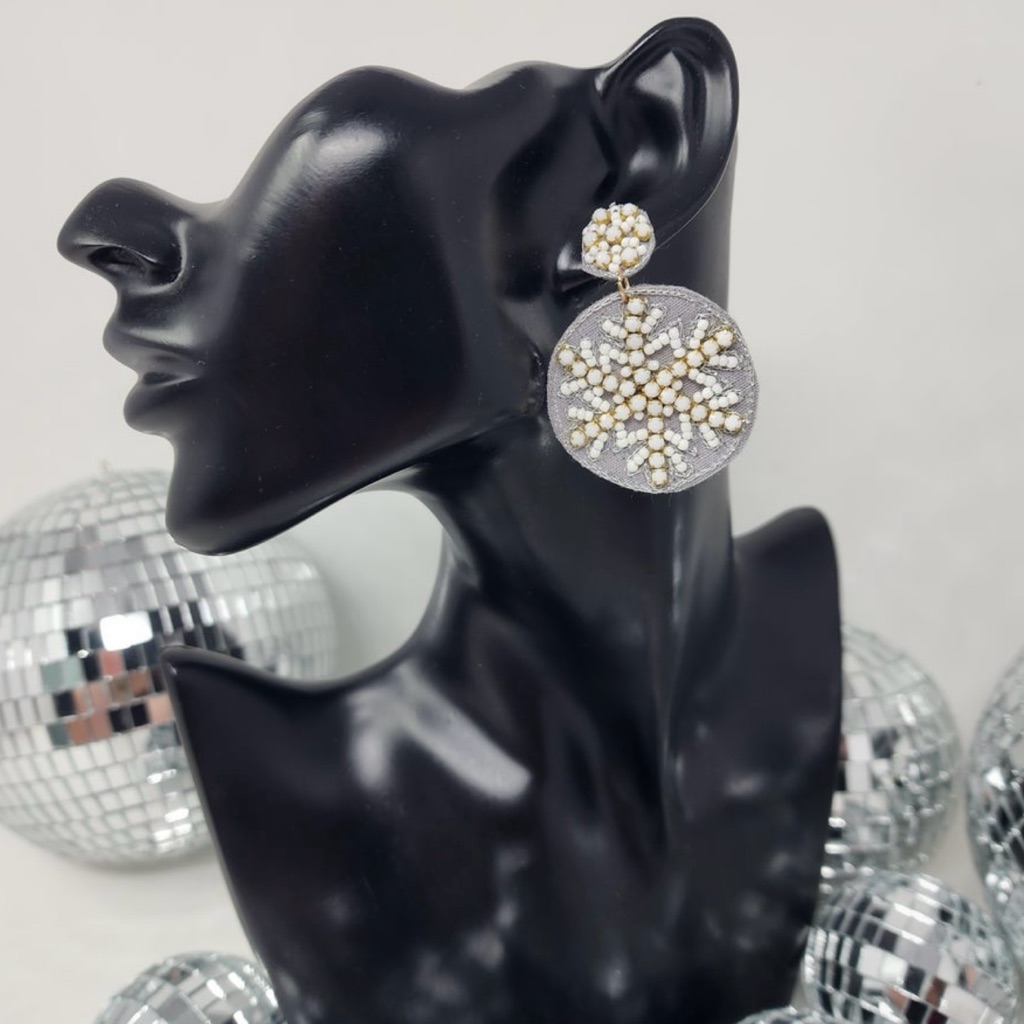 Influence Beaded Snowflake Earrings. New In Package 1 1/2” Round